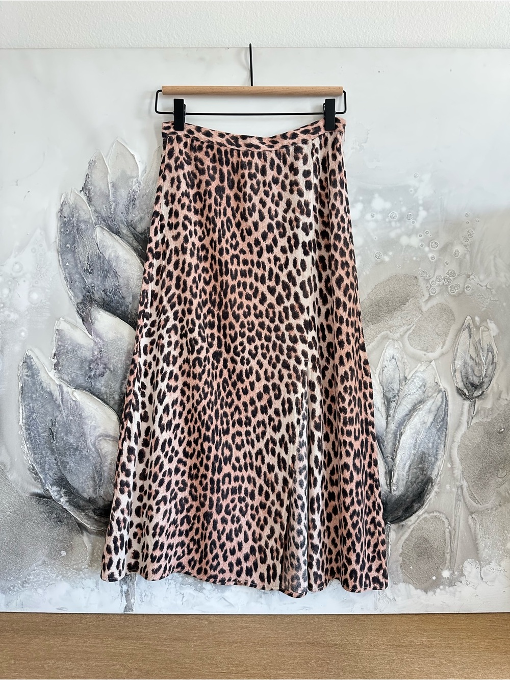 H&M Pink Leopard Print A-Line Midi Skirt